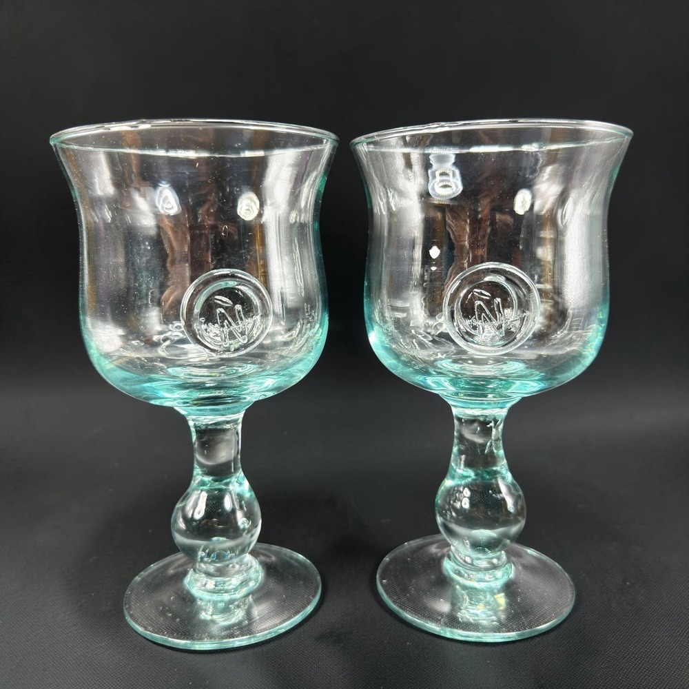 Set of 2 Monogram N Hand Blown‎ Glass Goblets Aqua Clear Stemmed Water Wine 7in